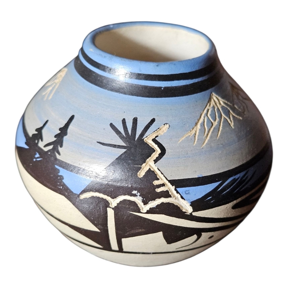 Handcrafted Blue and Black Ceramic Vase Native American Southwestern.